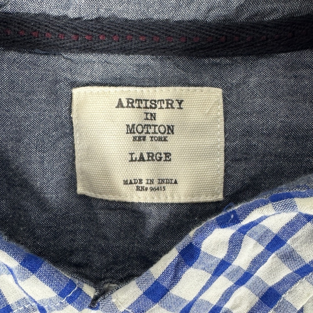 Artistry In Motion Gingham Button Down LS Shirt Blue Flags Print Mens L - Picture 5 of 9